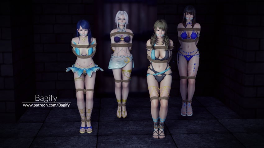 3d 4girls bagify bikini black_hair blue_hair bondage brown_hair dead_or_alive female females_only full_body gag gagged lobelia_(dead_or_alive) luna_(doa) monica_(doa) multiple_girls nanami_(doa) swimsuit white_hair