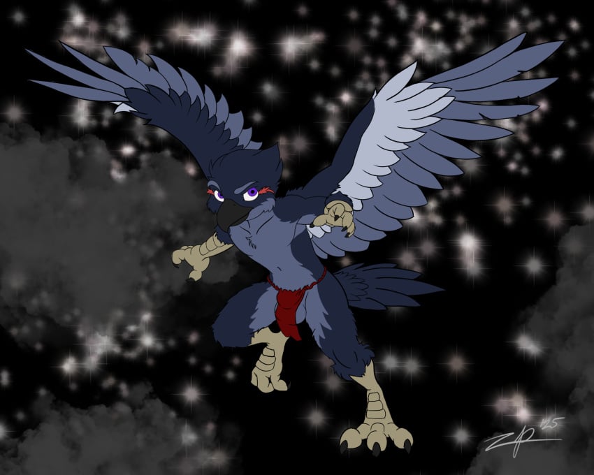 5:4 action_pose avian balls beak bird black_beak black_body black_feathers black_tail_feathers bottomwear bulge clothing corvid corvus_(genus) extended_arm feathers feet genitals grey_body grey_feathers hi_res ineffective_clothing ineffective_loincloth loincloth male oscine passerine pose purple_eyes raven red_bottomwear red_clothing red_loincloth solo spread_wings starfield talons toes wings zephyrpanthur
