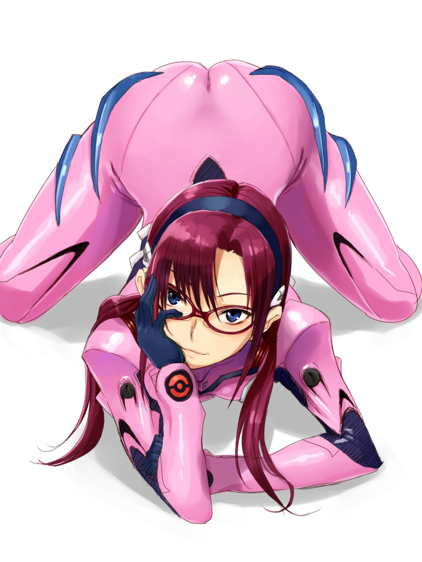 1girls all_fours arm_support ass blue_eyes breasts brown_hair clothing female glasses hair hairband highres human light-skinned_female light_skin long_hair looking_at_viewer mari_illustrious_makinami nakatomo neon_genesis_evangelion pilot_suit plugsuit presenting purple_hair rebuild_of_evangelion skin_tight solo spread_legs top-down_bottom-up white_background