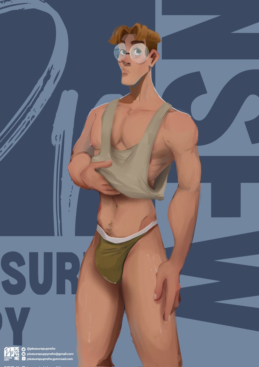 1boy artist_name atlantis:_the_lost_empire bulge disney english_text gay gay_male glasses male male_focus male_only milo_thatch muscular muscular_male nipples pecs pectorals pleasurepuppynsfw solo solo_male tank_top text underwear yaoi