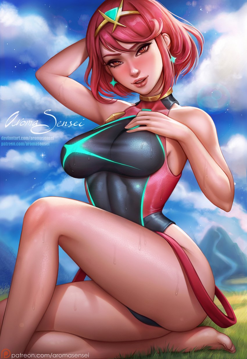 arm_behind_head aroma_sensei artist_name ass barefoot black_one-piece_swimsuit blue_sky blush breasts cloud competition_swimsuit deviantart_username earrings feet female female_focus highres jewelry large_breasts nintendo one-piece_swimsuit outdoors patreon_username pyra pyra_(pro_swimmer)_(xenoblade) pyra_(xenoblade) red_eyes red_hair sky smile solo swept_bangs swimsuit thighs watermark web_address wet xenoblade_chronicles_(series) xenoblade_chronicles_2