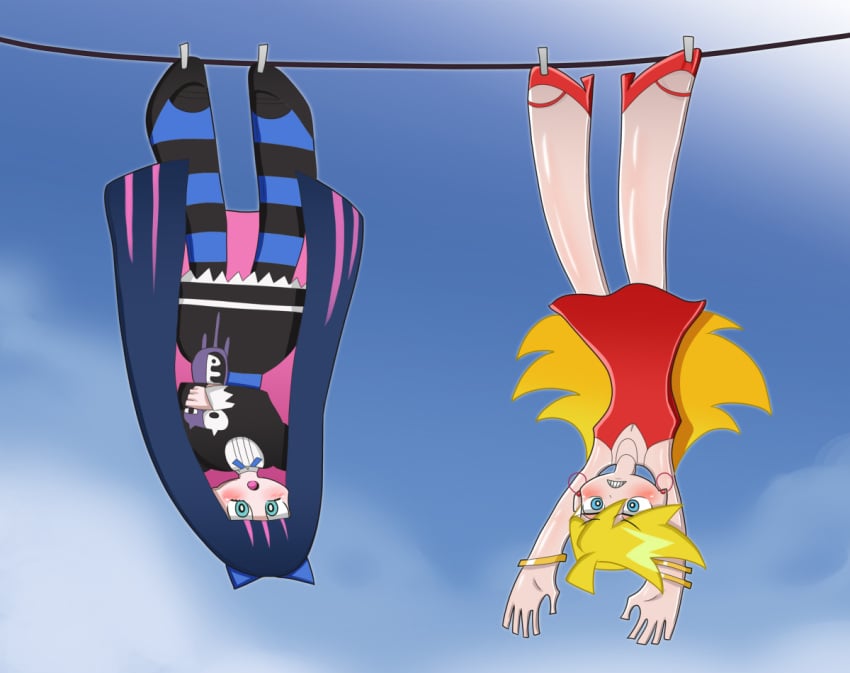 2girls blonde_hair blue_eyes blush day dress female_focus flats flattened flattening hanged high_heels highres kuro-bee laundry legs long_hair looking_at_viewer multiple_girls objectification outdoors panty_&_stocking_with_garterbelt panty_(psg) pink_hair purple_hair red_dress short_hair sky stocking_(psg) striped_clothes striped_thighhighs thighhighs