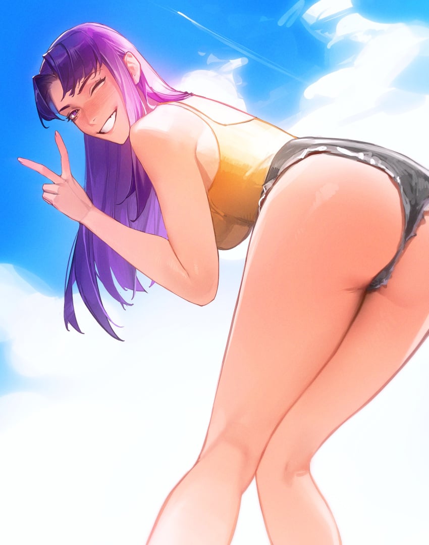 1girls ass ass_focus big_breasts blush cleavage female female_only heart light-skinned_female limart misato_katsuragi neon_genesis_evangelion peace_sign purple_hair short_shorts smile thick_thighs v wholesome wink winking_at_viewer