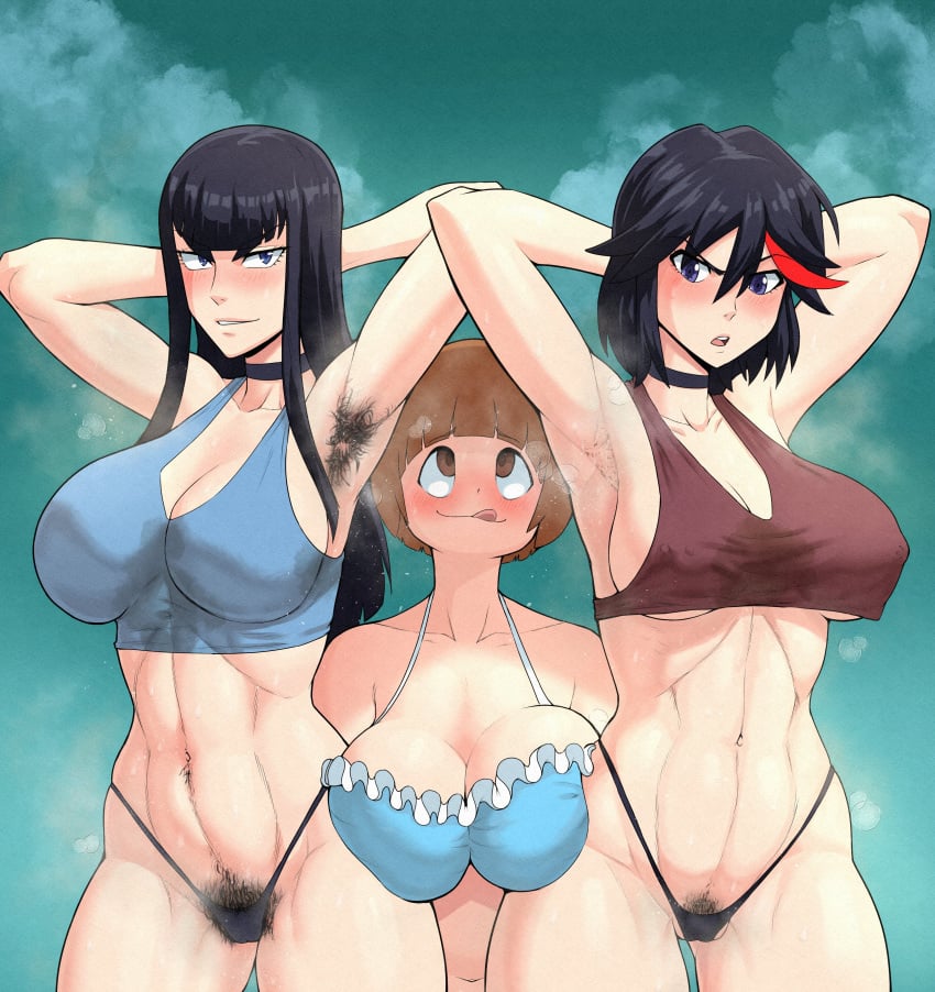 3girls abs absurd_res adult_swim armpit_fetish armpit_hair armpit_stubble armpits big_breasts busty crop_top female female_only fit_female hairy hairy_armpits hairy_pussy happy_trail huge_breasts kill_la_kill kiryuuin_satsuki kokobiel large_breasts long_hair mankanshoku_mako matoi_ryuuko multiple_girls pubic_hair pubic_hair_peek sports_bra steam steaming_body steamy steamy_armpits stink_fumes sweat sweat_stain sweaty_armpits toonami wide_hips