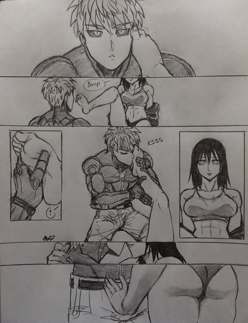 ass barefoot cleavage comic english_text genos greyscale kissing_foot kissing_leg naughtysena oc oc_x_canon one-punch_man original_character panties robot robot_boy sports_bra straight toned_female touching_bulge touching_foot traditional_media_(artwork)