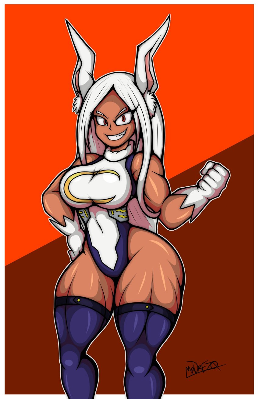 1girls big_thighs boku_no_hero_academia dark-skinned_female dark_skin hero_outfit_(mha) mirko miruko mrdrezq muscular muscular_female my_hero_academia rumi_usagiyama safe_for_work thighs