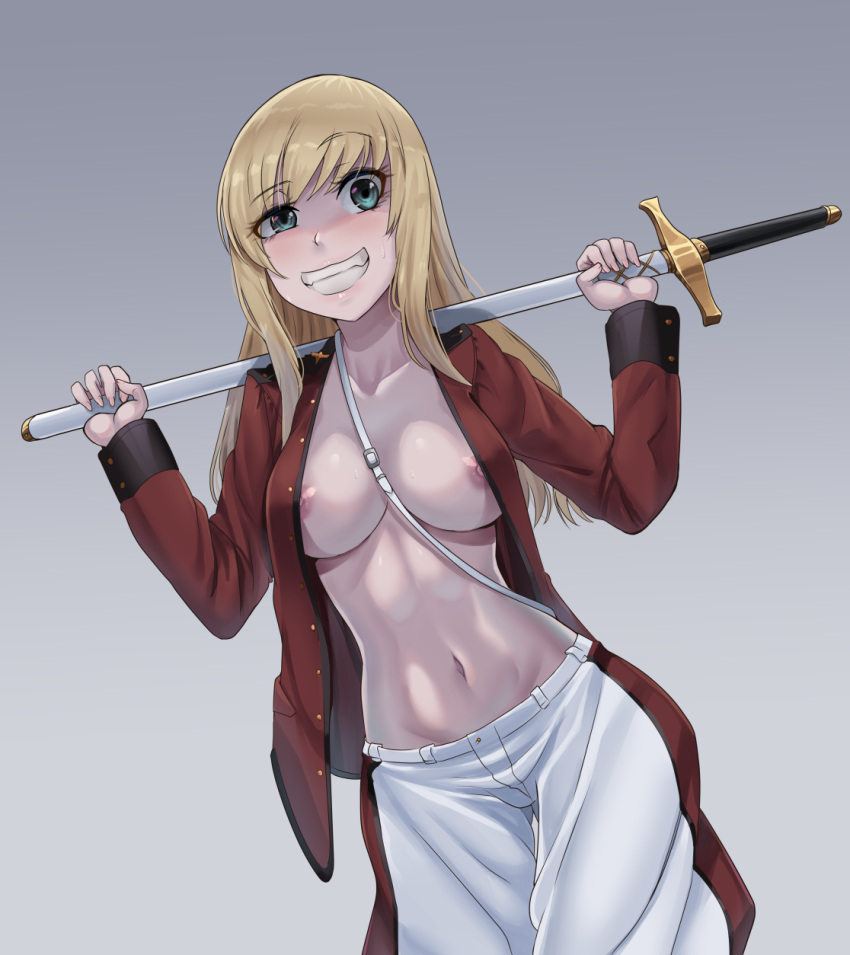 abs adapted_costume blonde_hair blue_eyes blush breasts cavalry_sword crazy_smile earl_grey_(girls_und_panzer) female girls_und_panzer highres hip_bones holding holding_sword holding_weapon jacket large_breasts long_hair nico-mo nipples no_bra pants partially_unbuttoned partially_undressed red_jacket smile st._gloriana's_military_uniform straight_hair sword weapon white_pants