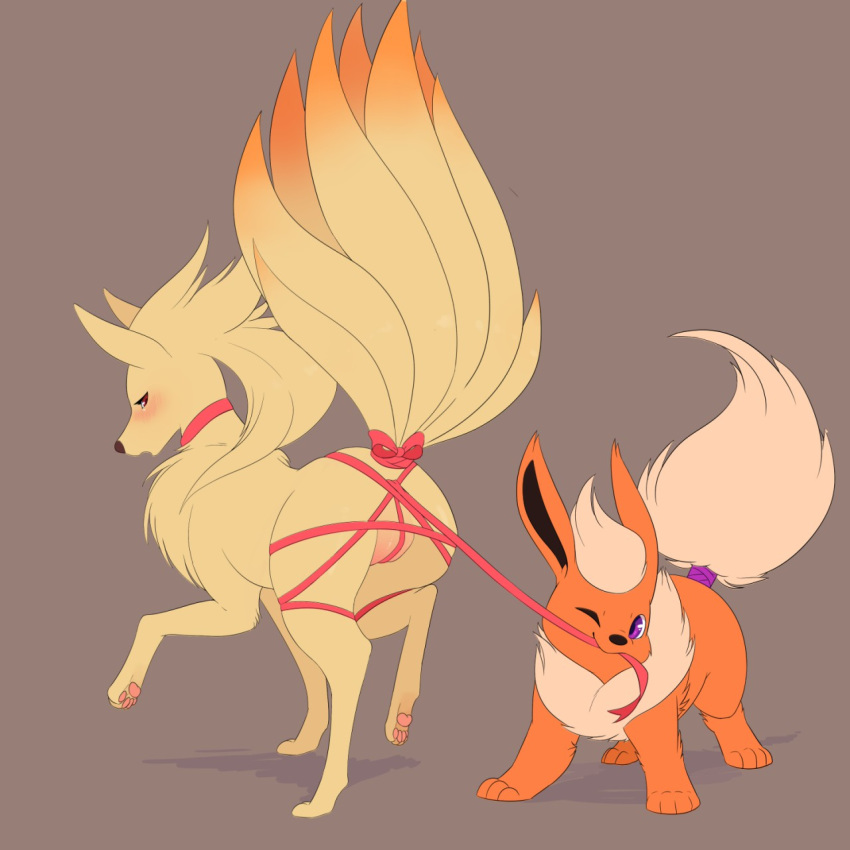 ambiguous_gender blush bondage bondage bound bunnyonthefence duo eeveelution female female/ambiguous feral feral_on_feral flareon looking_back ninetales nintendo one_eye_closed pokemon ribbon_bondage ribbons size_difference small_dom_big_sub video_games wink