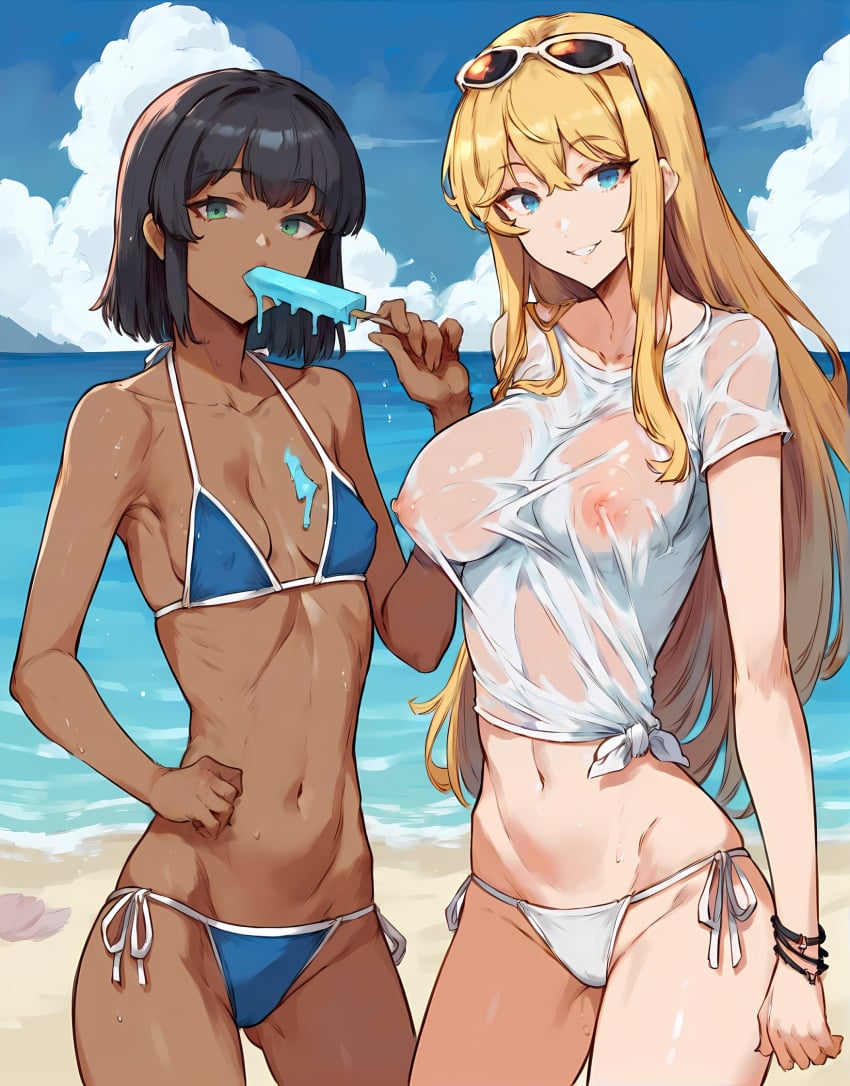 2girls ai_coomer ai_generated areolae bangs beach big_breasts bikini bikini_bottom black_hair blonde_hair blue_bikini blue_eyes bracelet breast_size_difference breasts cloud cloudy collarbone covered_nipples cowboy_shot dark-skinned_female dark_hair dark_skin duo duo_focus eating eyes eyewear eyewear_on_head female female_only food food_in_mouth green_eyes grin hand_on_hip holding_food horizon large_breasts light-skinned_female long_hair looking_at_viewer multiple_girls navel nipples ocean outdoors outside popsicle popsicle_in_mouth popsicle_melting sand see-through self_upload shirt shore short_hair side-tie_bikini sky smile stable_diffusion standing sunglasses sunglasses_on_head swimsuit tied_shirt water wet wet_clothes wet_shirt white_shirt white_t-shirt