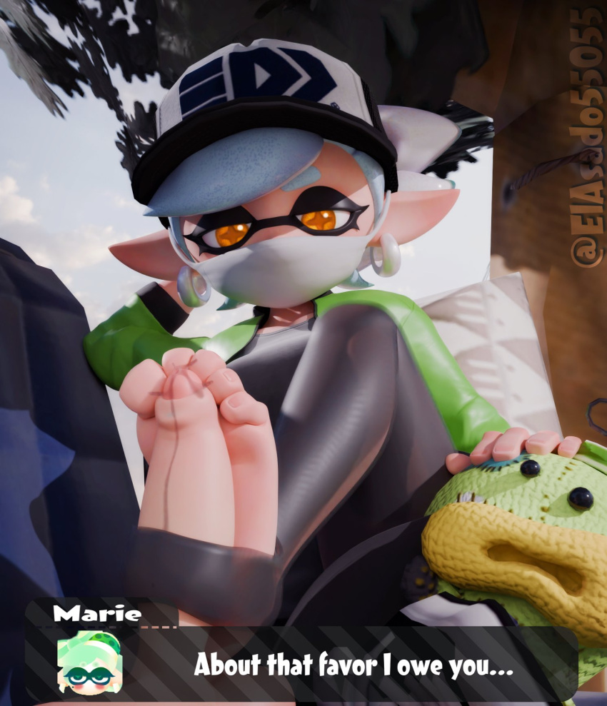 3d dialogue elasado55055 female female_focus footjob hat inkling inkling_girl marie_(splatoon) mask outdoors pov splatoon talking_to_viewer white_hair yellow_eyes