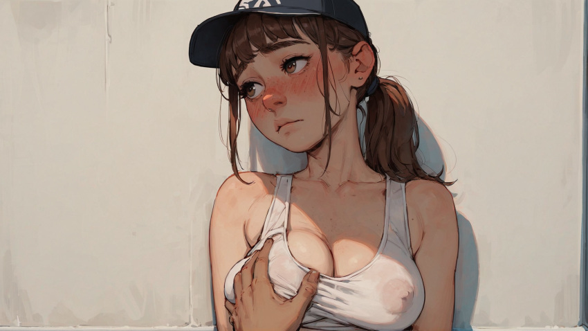 1boy 1girls 2d against_wall ai_generated baseball_cap blue_baseball_cap blue_hat blush brown_eyes brown_hair day detailed_background dirty_walls earrings embarrassed embarrassed_female female freckles grabbing_breasts gym_uniform hand_on_breast hat large_breasts looking_away messy_hair outdoors ponytail see-through_clothing see-through_shirt see-through_tank_top shadow shy sports_bra straight_hair sunlight tank_top wall white_tank_top white_wall