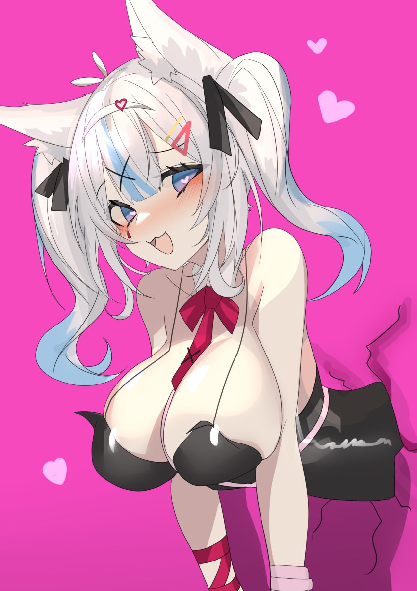 breasts bunnysuit cleavage fox_ears fox_girl large_breasts meridian_project mizuki_(vtuber) pink_background rabbit_hole_(vocaloid) ribbon sagging_breasts shoulder_length_hair shoulders strap_gap stuck stuck_in_wall twintails virtual_youtuber weyas_kayur white_hair