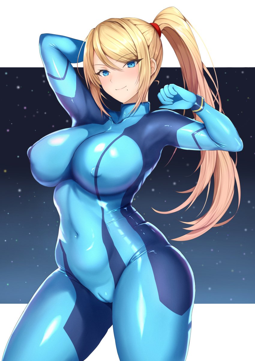 1girls big_breasts blonde_hair blue_catsuit blue_eyes breasts cameltoe catsuit female female_only hair hand_behind_head high_resolution highres hips huge_breasts metroid mole_under_eye nintendo nipple_bulge nipples_visible_through_clothing ponytail ranhatu samus_aran smile solo solo_female thighs tight_catsuit tight_clothing wide_hips zero_suit_samus