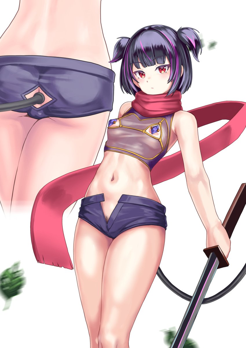 1girls anal anal_access anal_only anal_only_panties anal_tail anus_cutout ass backless_panties blunt_bangs bob_cut bra butt_plug contrapposto cupless_bra fake_tail female female_only highres holding holding_sword holding_weapon looking_at_viewer medium_hair menmon navel nipple_cutout nipple_piercing original piercing pubic_hair pubic_hair_peek purple_hair purple_shorts red_scarf revealing_clothes scarf sex_toy short_twintails shorts solo standing sword tail twintails underwear weapon white_background