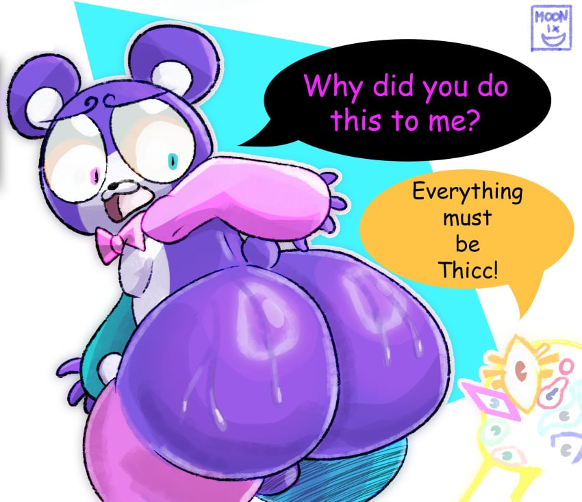 absurd_res anthro ass bear bearzel_(chikn_nuggit) bezel_(chikn_nuggit) big_butt big_eyes blue_body blue_fur bodily_fluids canid canine chikn_nuggit chikn_nuggit_(chikn_nuggit) chikn_nuggit_(true_form) comic deity duo egg fur heterochromia hi_res huge_butt male male/male mammal moonix_xero multi_eye multicolored_body open_mouth pink_body pink_fur presenting purple_body purple_fur shocked sweat sweatdrop teapot_(body_type) text thick_thighs white_body white_fur wide_hips