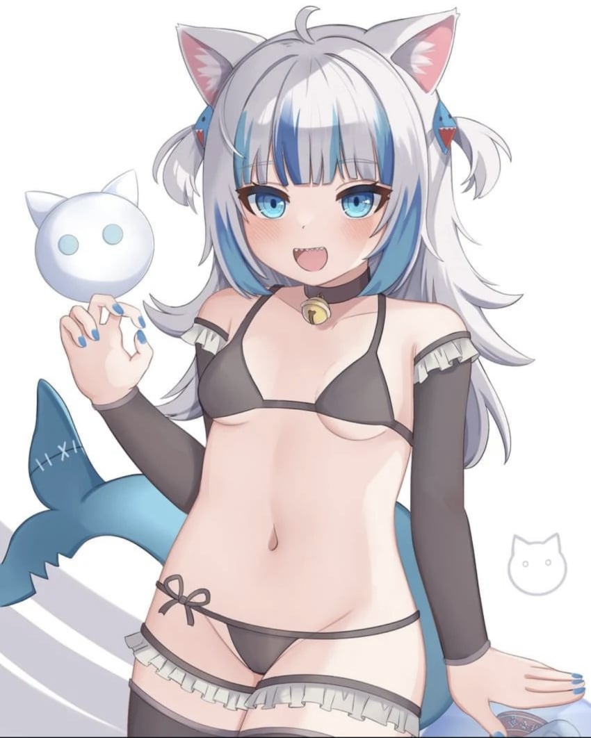 adorable blue_eyes cat_bell cat_ears catgirl cute gawr_gura hololive hololive_english huggable_design mini_bikini oh_and_the_girl’s_huggable_too_i_guess shark_tail sharp_teeth small_breasts small_waist smiling virtual_youtuber white_and_blue_hair white_hair