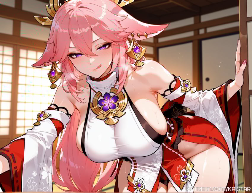 1female 1girls ai_generated bending_forward bending_over bent_over big_breasts big_breasts breasts breasts earrings female fox_ears fox_girl genshin_impact huge_boobs huge_breasts kaistar large_boobs large_breasts light-skinned_female light_skin looking_at_viewer patreon pink_fingernails pink_hair pink_nails purple_eyes smile smiling smiling_at_viewer solo solo_female solo_focus tongue tongue_out yae_miko yae_miko_(genshin_impact)