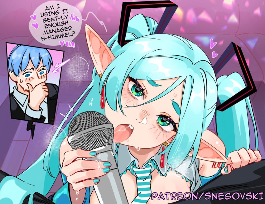 1boy 1girls aqua_hair blue_nails blush cosplay female frieren green_eyes hatsune_miku_(cosplay) himmel_(sousou_no_frieren) long_hair looking_at_viewer male microphone nail_polish oral phallic_symbol sexually_suggestive simulated_fellatio snegovski sousou_no_frieren tagme twintails vocaloid