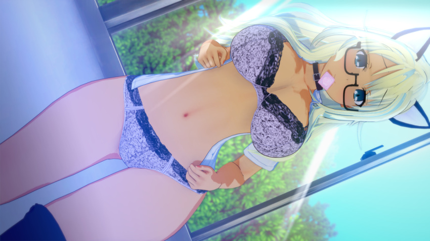 3d 3d_(artwork) big_breasts blue_eyes bra cat_ears condom_in_mouth glasses gray_panties grey_panties large_breasts mayo_chiki! narumi_nakuru panties yellow_hair