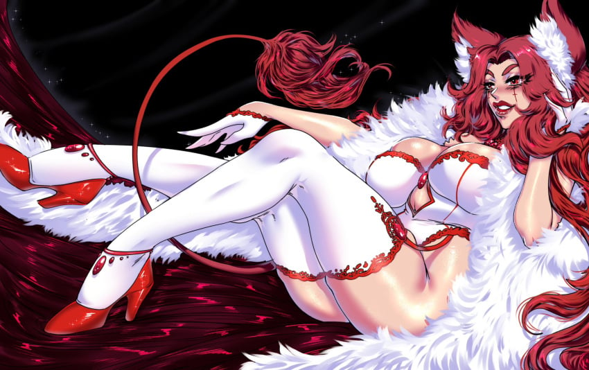 2d blush breasts cat_ears cat_girl cat_tail cleavage curvy curvy_figure detailed_background ear_tuft female female_focus female_only fur_coat glistening glistening_skin gloves high_heels large_breasts oc original original_character red_hair red_lipstick thick_thighs thighhighs white_clothing zy-sama