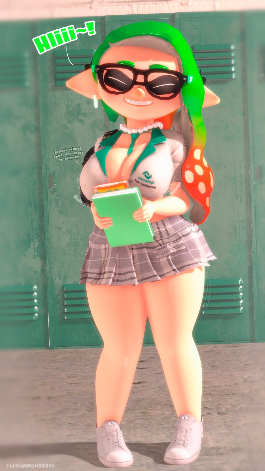 3d ana_margarita_(leviantan581re) ana_margarita_de_la_beef aqua_necktie bag between_breasts big_breasts blush boob_window breasts cleavage clothed clothing collared_shirt conalep earrings english_text facing_viewer fangs female female_only footwear green_hair grey_skirt grin holding inkling inkling_girl jewelry large_breasts leviantan581re locker long_hair miniskirt mother multicolored_hair necktie necktie_between_breasts nintendo no_bra plaid plaid_skirt pleated_skirt public public_exposure public_nudity revealing_clothes school school_girl school_uniform schoolgirl sfm shadow shirt shoes short_sleeves skirt smile sneakers solo source_filmmaker splatoon splatoon_(series) standing sunglasses teeth tentacle_hair thick_eyebrows thighs white_footwear white_shirt young_ana_margarita