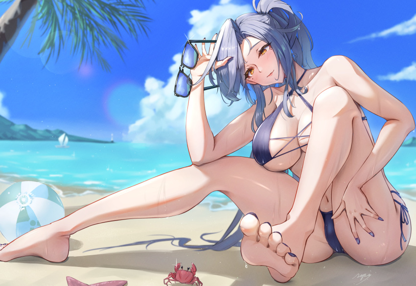 azur_lane ball bare_shoulders barefoot beach beachball bikini black_bikini blue_nails blue_sky blush boat breasts chkalov_(azur_lane) chkalov_(seaside_sunset)_(azur_lane) cloud crab eyewear_removed feet female foreshortening grey_hair halterneck highres large_breasts long_hair looking_at_viewer mole mole_under_eye navel ocean official_alternate_costume orange_eyes outdoors palm_leaf palm_tree ropi_(yyuichi29) sailboat sand sky soles solo sunglasses swimsuit toes tree very_long_hair water watercraft