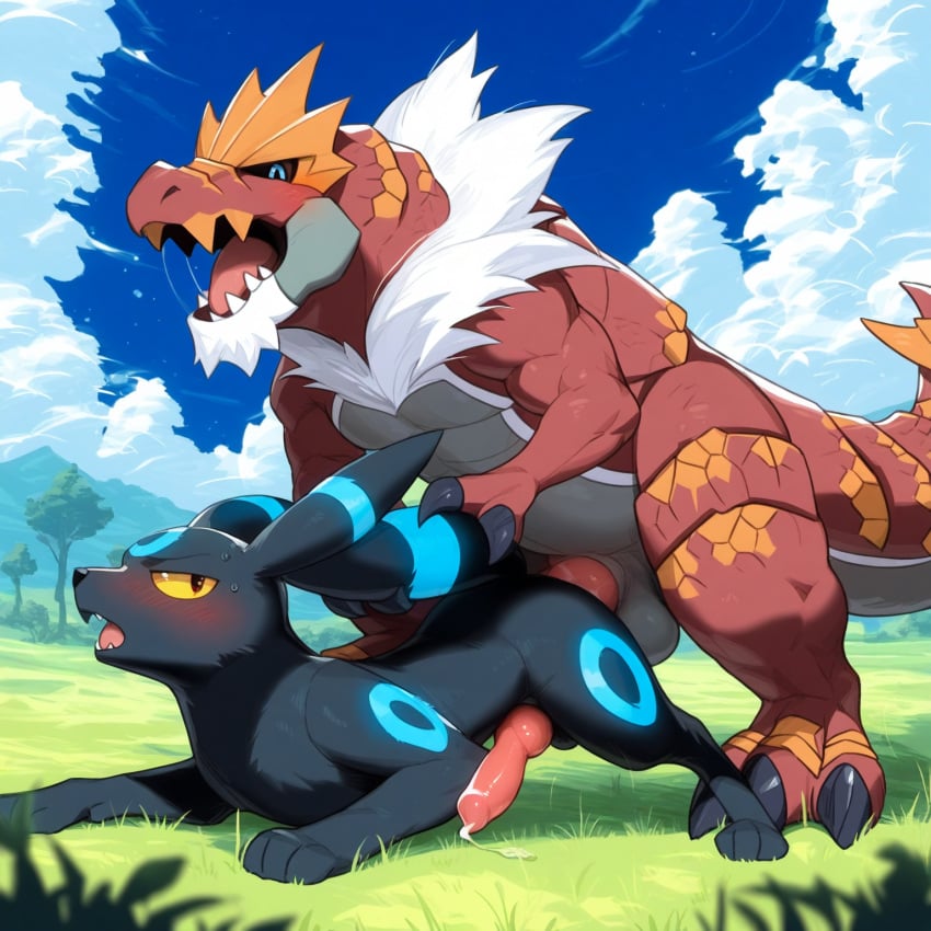 ai_generated anal anal_sex anatomically_correct anatomically_correct_genitalia animal_genitalia animal_penis anus balls blue_markings blush bodily_fluids canid canine canine_penis claws cloud detailed detailed_background detailed_fur director_firewolf duo eeveelution fangs feral feral_on_feral fossil_pokémon from_behind_position generation_2_pokemon generation_6_pokemon genital_fluids genitals grass hi_res holding_tail knot looking_at_another looking_back male male/male mammal markings novelai open_mouth outside paws penetration penis plant pokemon_(species) precum raised_tail sex size_difference tapering_penis toe_claws tongue tree tyrantrum umbreon