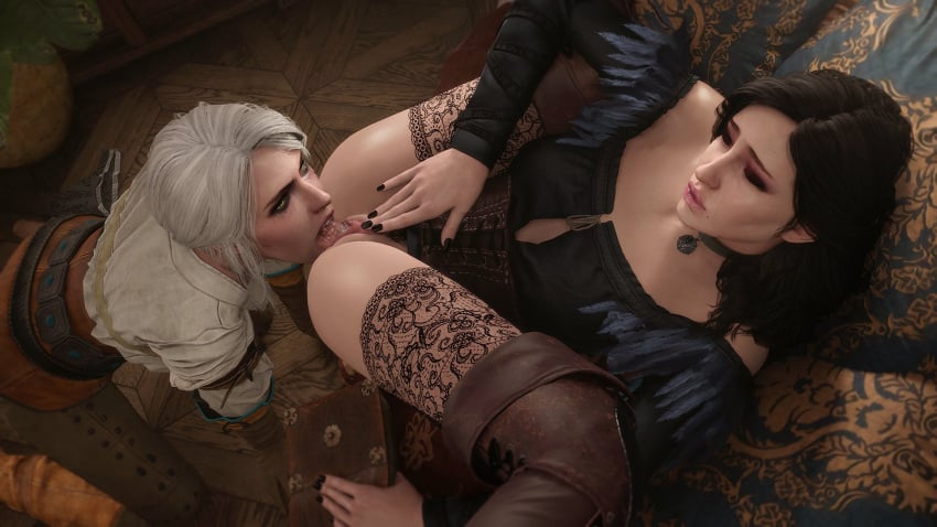 2girls 3d 3d_(artwork) athazel black_hair boots ciri cunnilingus detailed_background female female_focus female_only hi_res high_resolution highres licking_pussy masturbating masturbation necklace oral the_witcher_(series) the_witcher_3:_wild_hunt thighhighs yennefer yuri