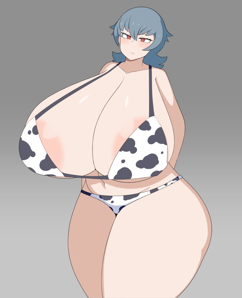 1girls absurd_res animal_print areola_slip big_breasts bikini breasts breasts_bigger_than_head cow_print cow_print_bikini curvy duskyer female female_only game_freak gigantic_breasts grey_hair hi_res huge_breasts hyper_breasts large_areolae large_breasts looking_at_viewer navel nintendo plump pokemon pokemon_hgss print_bikini red_eyes sabrina_(pokemon) shiny_skin solo solo_female swimsuit thick_thighs thighs wide_hips