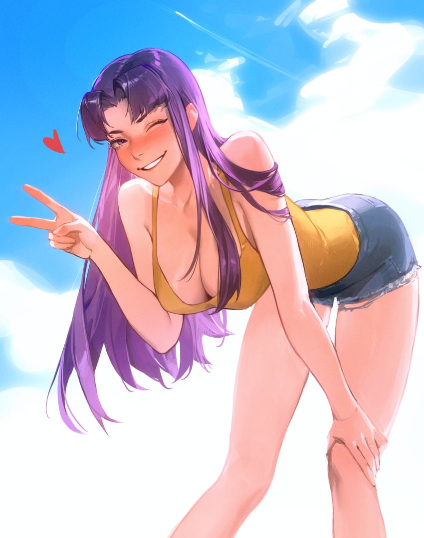 1girls big_breasts blush cleavage cute female female_only heart light-skinned_female limart misato_katsuragi neon_genesis_evangelion peace_sign purple_hair smile thick_thighs v wholesome wink winking_at_viewer