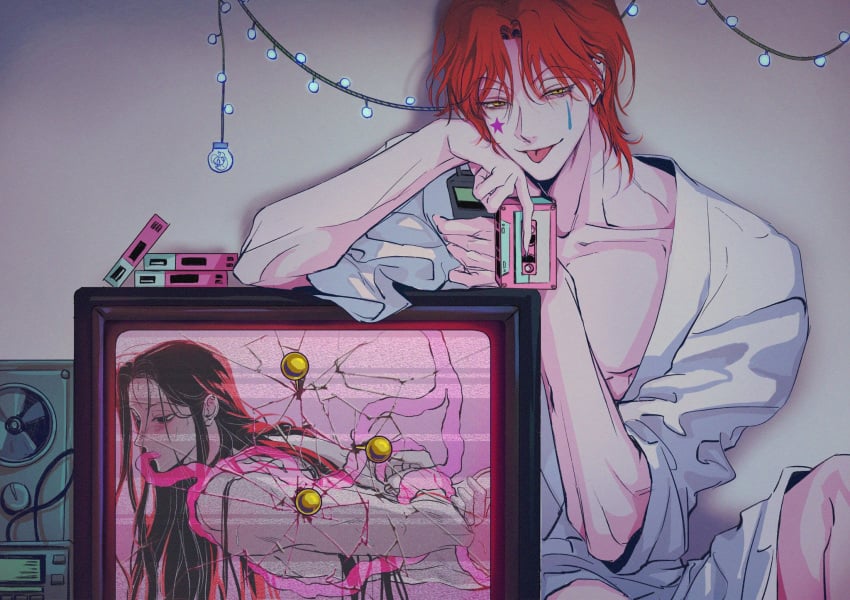 2boys :p black_eyes black_hair blush broken_glass broken_screen cassette_player cassette_tape collarbone facepaint fairy_lights glass highres hisoka_morow holding holding_cassette hunter_x_hunter illumi_zoldyck implied_yaoi jz88 long_hair looking_at_viewer messy_bangs multiple_boys naughty_face needle nude open_clothes open_shirt red_hair restrained shirt smile suspension tentacle tentacle_in_mouth tentacle_sex tongue tongue_out white_shirt wolf_cut yellow_eyes