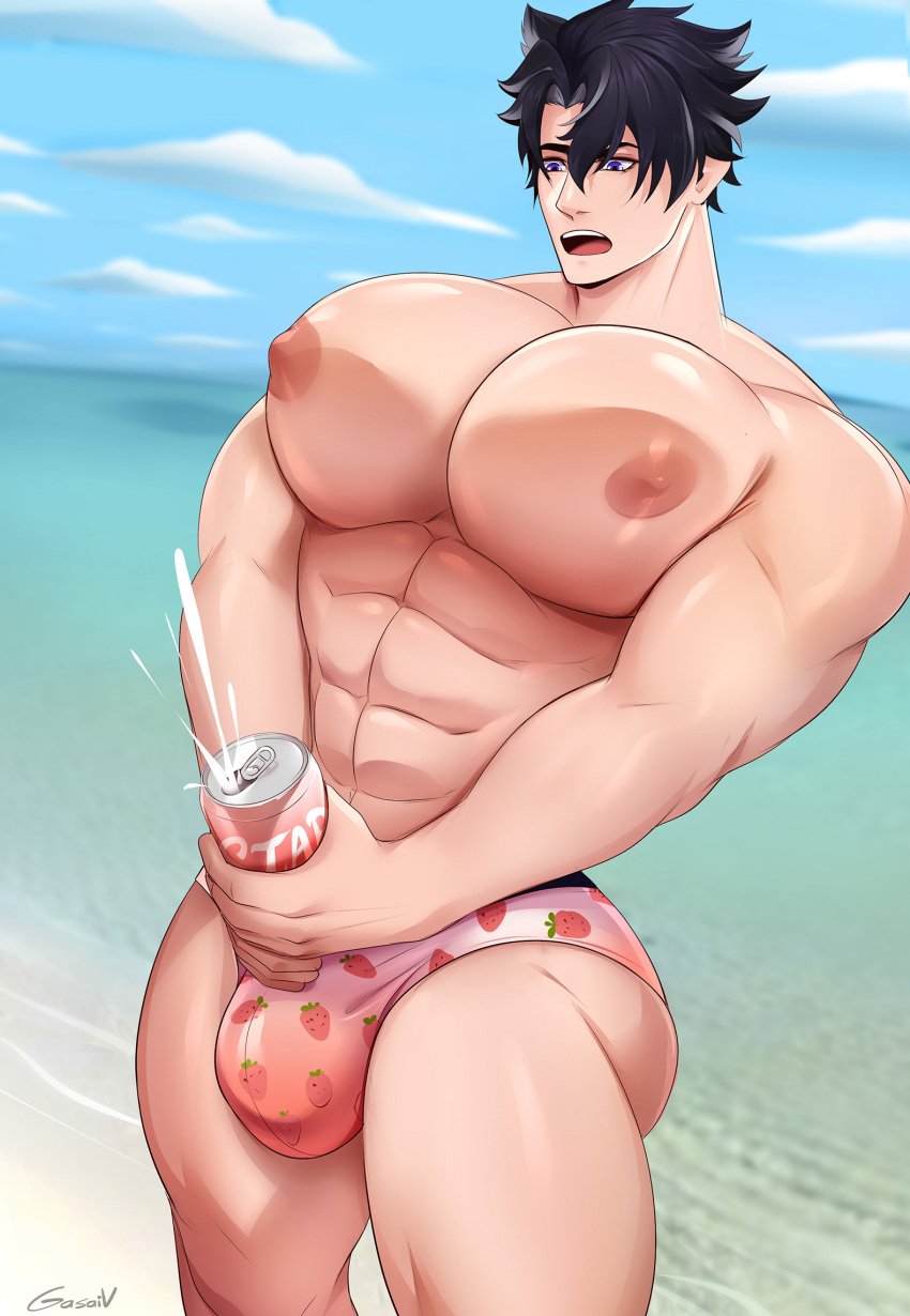 1boy bara bara_tiddies bara_tits busty gasaiv genshin_impact male male_only muscular solo solo_male wriothesley_(genshin_impact) yaoi