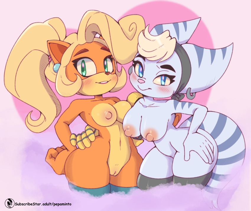 activision anthro areola blonde_hair breasts clothing coco_bandicoot crash_(series) crossover duo ear_piercing ear_ring female genitals hair hi_res jpg legwear lombax long_hair looking_at_viewer mammal marsupial mostly_nude nipples pepamintop piercing pussy ratchet_and_clank ring_piercing rivet_(ratchet_and_clank) simple_background smile sony_corporation sony_interactive_entertainment text url white_hair