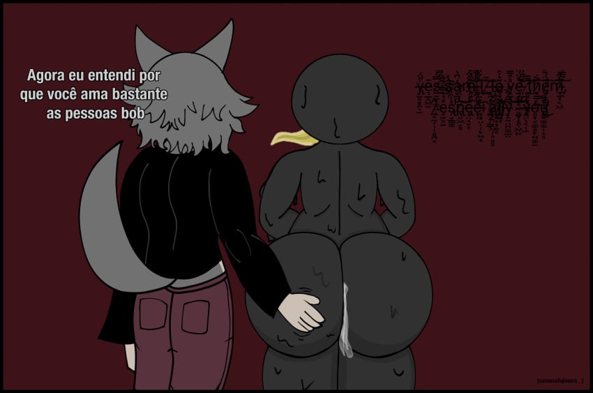 absurd_res anthro ass big_butt black_body bob_(slap_battles) bodily_fluids canid canine canon_x_oc clothing cum cum_in_ass cum_inside duo english_text fur genital_fluids goo_creature grey_body grey_fur grey_tail hand_on_butt hi_res humanoid male mammal monster portuguese_text roblox samuca_(vincizinho) slap_battles tail text thick_thighs tongue vincikkkk vincizinho_(artist)