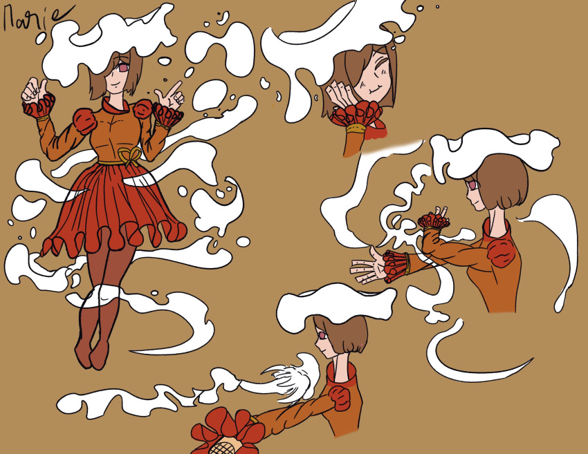 aged_up anonymous_artist brown_eyes brown_hair cum dress fantasy female female_only flying_cum flying_sperm magic magical_girl orange_dress original_character purple_eyes red_skirt skirt smile sperm straight teenager