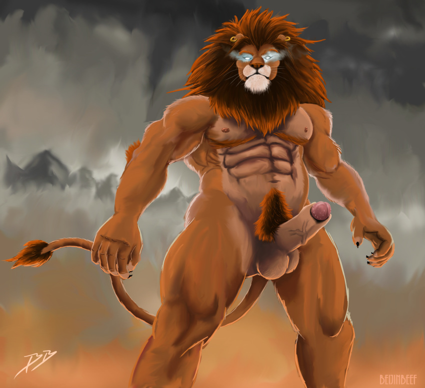 1boy abs anthro balls beijinbeef biceps feline fur furry glowing_eyes lion male male_only muscles pecs penis pose solo uncut veins