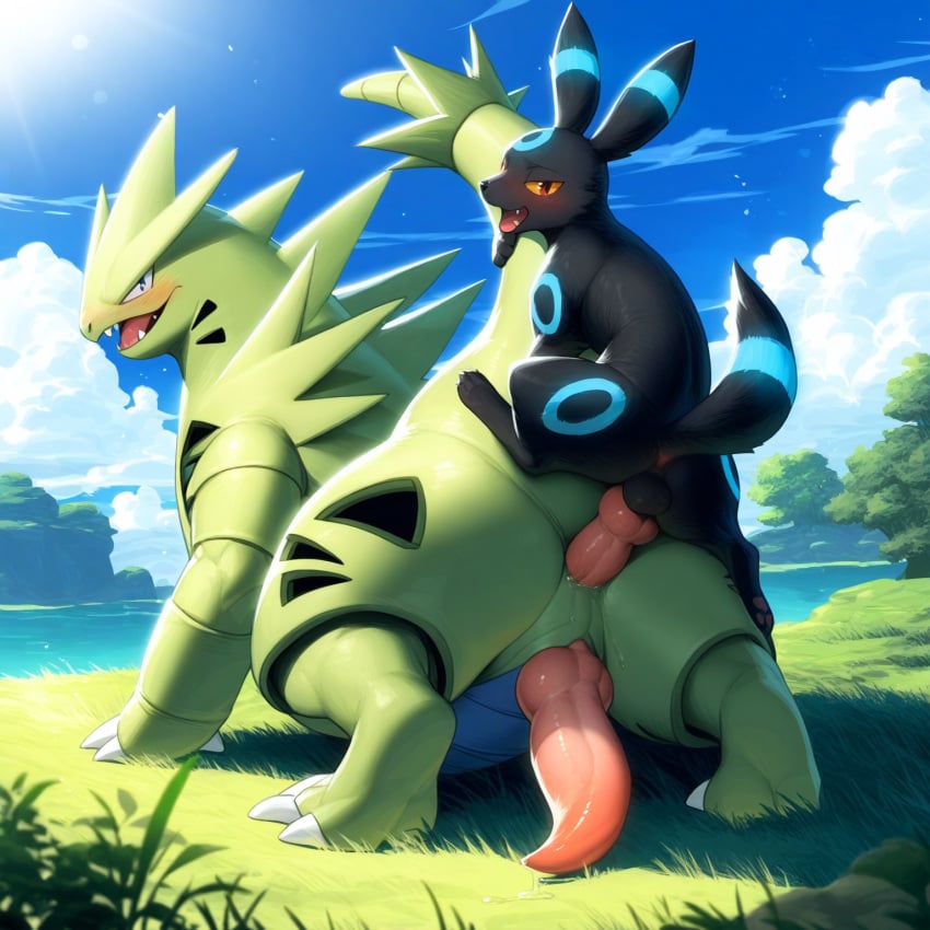 2males 2pokemon ai_generated anal anal_sex anatomically_correct anatomically_correct_genitalia animal_genitalia animal_penis anus balls blue_markings blush canid canine canine_penis claws cloud detailed detailed_background detailed_fur director_firewolf duo eeveelution fangs feral feral_on_feral from_behind_position gay generation_2_pokemon genitals grass hi_res knot looking_at_viewer looking_pleasured male male/male male_focus male_only mammal markings novelai open_mouth outside paws penetration penis plant pokemon pokemon_(species) raised_tail sex shiny_pokemon size_difference small_dom_big_sub tapering_penis toe_claws tongue tree tyranitar umbreon water