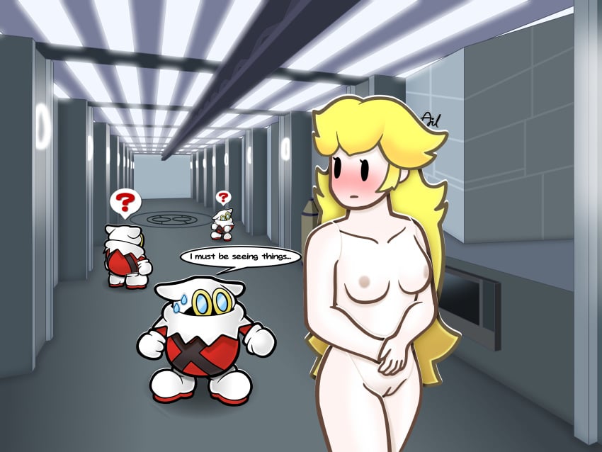 1girls ambiguous_gender blonde_hair blush embarrassed embarrassed_naked_female embarrassed_nude_female enf exhibitionism female hallway hands_together long_hair mario_(series) nervous_sweat nipples nude paper_mario paper_mario:_the_thousand-year_door paper_peach paper_peach_invisible_intermission princess_peach pussy question_mark speech_bubble walking x-nauts