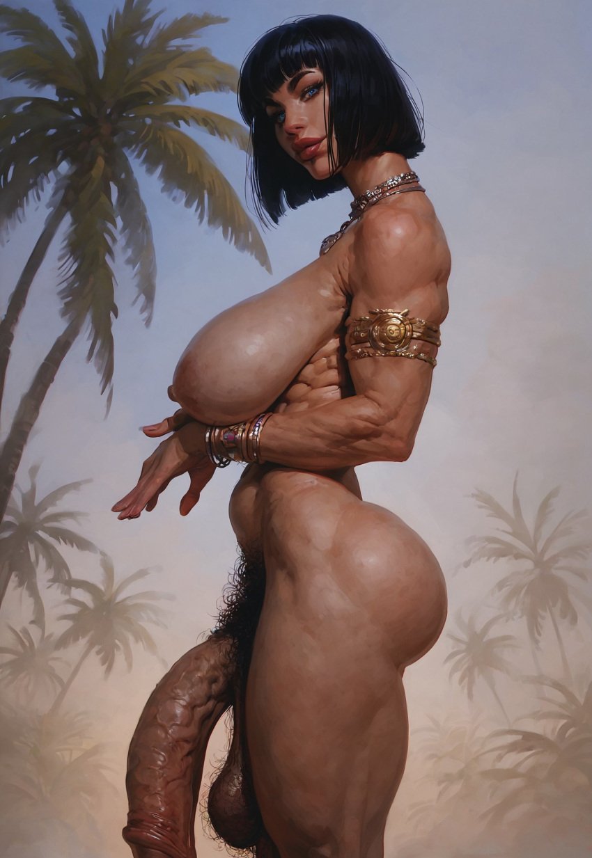 abs ai_generated big_ass big_balls big_breasts big_penis black_hair blue_eyes bob_cut breasts breasts_bigger_than_head casual casual_nudity circumcised circumcision_scar completely_nude completely_nude_futanari enormous_cock fit_futanari frenulum_attached futa_only futa_solo futanari gigantic_cock god goddess hairy_balls huge_balls huge_cock huge_penis huge_testicles jewelry milf mommy mother muscular necklace nude original_character pubic_hair sagging_balls