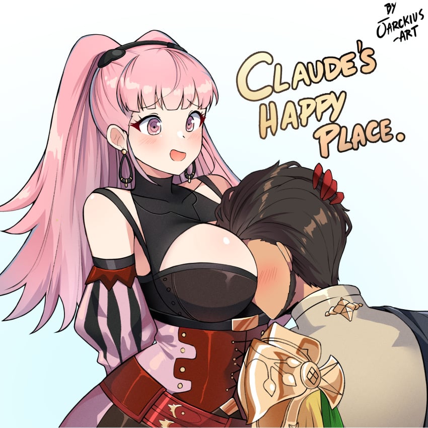 1boy 1girls between_breasts blush breast_smother breasts brown_hair claude_von_riegan dark-skinned_male dark_skin english_text face_between_breasts face_to_breasts fire_emblem fire_emblem:_three_houses hand_on_another's_head head_between_breasts headpat highres hilda_valentine_goneril jarckius large_breasts long_hair nintendo open_mouth pink_eyes pink_hair ponytail short_hair smile straight text twintails