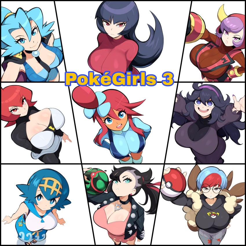 9girls ai_generated alternate_breast_size big_breasts black_hair blue_eyes blue_hair clair_(pokemon) cleavage collage courtney_(pokemon) dark-skinned_female dark_skin female female_only from_above hex_maniac high-angle_view human lana_(pokemon) large_breasts latina light-skinned_female light_skin marnie_(pokemon) mars_(pokemon) mullon multiple_girls novelai penny_(pokemon) poke_ball pokemon pokemon_bw pokemon_dppt pokemon_frlg pokemon_gsc pokemon_hgss pokemon_oras pokemon_rgby pokemon_rse pokemon_sm pokemon_ss pokemon_sv pokemon_xy purple_hair red_hair sabrina_(pokemon) skyla_(pokemon) smile team_galactic