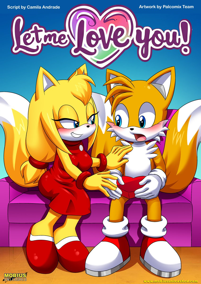 1boy 1girls anthro bbmbbf blush comic cover_page female let_me_love_you_(comic) male male/female miles_prower mobian_(species) mobius_unleashed palcomix sega sonic_(series) sonic_the_hedgehog_(series) tails_the_fox zooey_the_fox