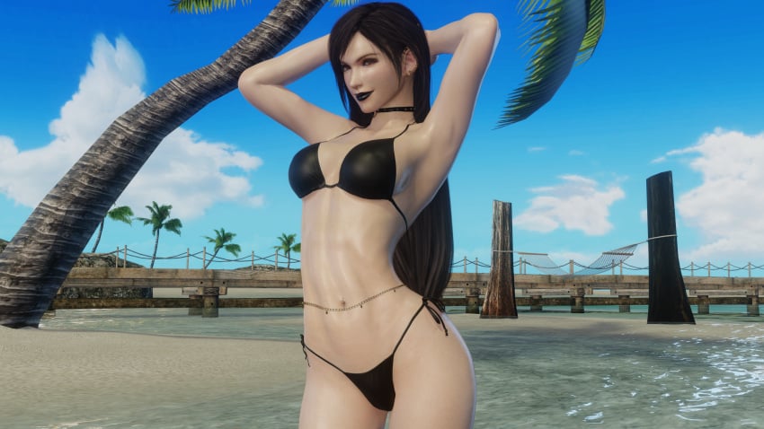 1female 1girls 3d 3d_(artwork) armpits beach belly_chain belly_piercing bikini black_bikini black_lips black_lipstick blender_(software) blue_sky choker ear_piercing exerart final_fantasy final_fantasy_vii final_fantasy_vii_remake goth goth_girl lips lipstick long_hair makeup pale_skin palm_tree pinup pose red_eyes sky solo_female solo_focus summer swimsuit tifa tifa_lockhart