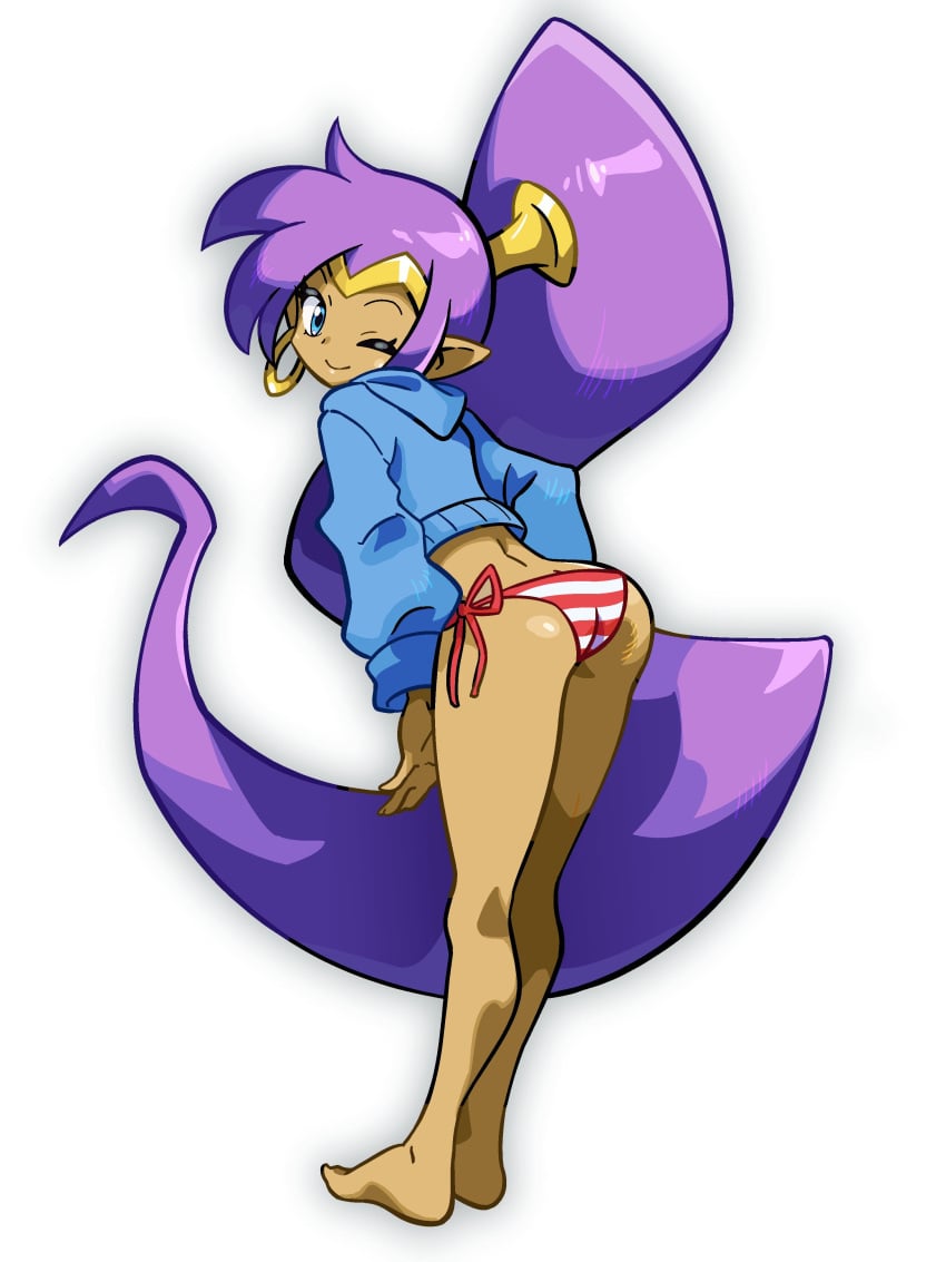 1girls ass barefoot bikini dark dark_skin dark_skinned_female earring earrings feet female female_only gold_jewelry long_ponytail medium_ass medium_breasts mooning purple_hair purple_ponytail shantae shantae:_half-genie_hero shantae_(character) shantae_and_the_pirate's_curse shantae_and_the_seven_sirens skinny skinny_female skinny_girl skinny_waist solo sweater_only winking_at_viewer