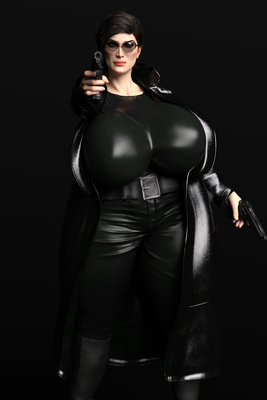 3d bodysuit hyper_breasts notoriouscrs pistol sunglasses the_matrix tinted_eyewear trinity_(the_matrix)