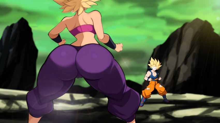 1boy 1boy1girl ai_generated alien alien_girl alien_only ass ass_focus baggy_pants battle big_ass blonde_hair bubble_butt caulifla dat_ass dragon_ball dragon_ball_super female mullon novelai saiyan saiyan_girl son_goku super_saiyan torn_clothes tournament_of_power universe_6/universe_7