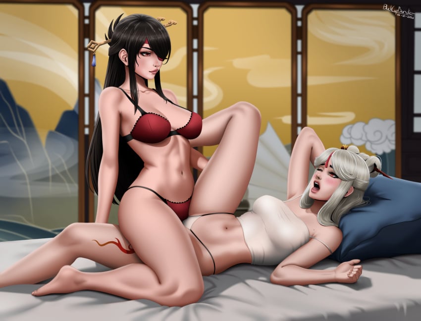 2024 2girls ahegao artist_name artist_signature bed bed_sheet bedroom beidou_(genshin_impact) black_hair blackcapbandit blush bra cleavage clothed eyepatch female female_only genshin_impact hair_ornament highres indoors leg_up lesbian_sex long_hair looking_at_each_other looking_down looking_up lying lying_on_bed multiple_girls navel ningguang_(genshin_impact) one_eye_closed open_mouth panties pillow pleasured_face realistic red_eyes revealing_clothes rubbing rubbing_through_pants scissoring screen sex sex_through_clothes shirt sitting sitting_on_leg sitting_on_person smile spread_legs tassel tassel_hair_ornament tattoo tattoo_on_leg tribadism tribadism_through_clothing vaginal_sex vaginal_stimulation white_hair yuri