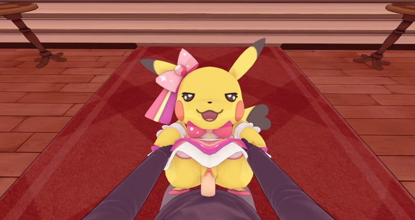 1boy 1girls beastiality black_hoodie bottomless bottomless_female bottomless_skirt clothed clothed_sex cosplay_pikachu eyes_half_open generation_1_pokemon happy happy_sex koikatsu lifted_by_another missionary missionary_position missionary_sex pikachu pikachu_pop_star pokemon pokemon_(species) pokephilia self_upload size_difference yellow_vagina zoophilia