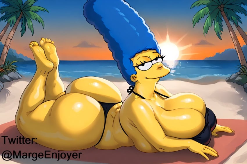 1girls 20th_century_fox ai_generated beach big_ass big_breasts bikini huge_ass huge_breasts marge_simpson margeenjoyer milf seductive_smile self_upload solo the_simpsons yellow_skin