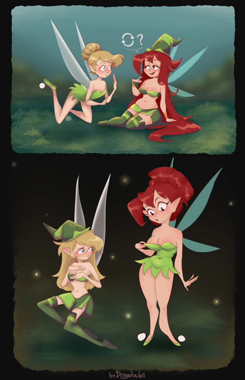 2020s 2024 2girls betilla_(rayman) blush bra breasts butt cleavage clothes clothes_swap clothing comic cosplay disney draga_well dragon_well dress eyes fairy fairy_wings female female_focus female_only green green_clothing hair hat heart_symbol hi_res jpeg nymph_(rayman) open_eyes outfit_swap peter_pan_(disney) pointy_ears rayman_(series) rayman_origins self_upload signature stockings swap swapped_clothes sweat tinker_bell wings